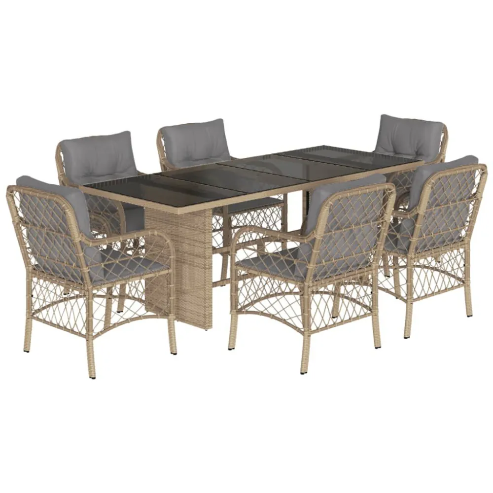 7 pcs conj. jantar jardim com almofadões vime PE bege misturado