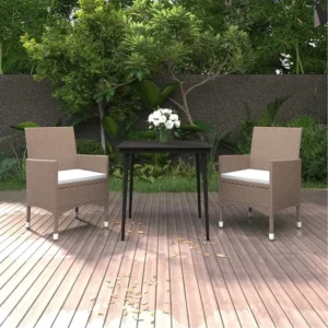 3 peças conjunto de jantar para jardim c/almofadões vime PE e vidro