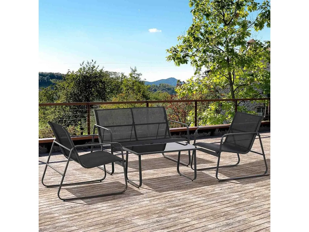 Sakura - Salão de jardim de design com sofá + 2 poltronas + mesa de centro com prateleira de vidro