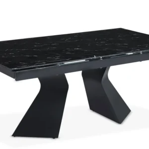 Mesa de jantar extensível Icaria em vidro efeito mármore negro e pés de metálico preto