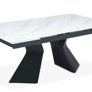 Mesa de jantar extensível Icaria em vidro efeito mármore branco e pés em metálico preto